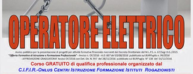 Trani – Aperte le iscrizioni al corso “Operatore Elettrico” del Cifir